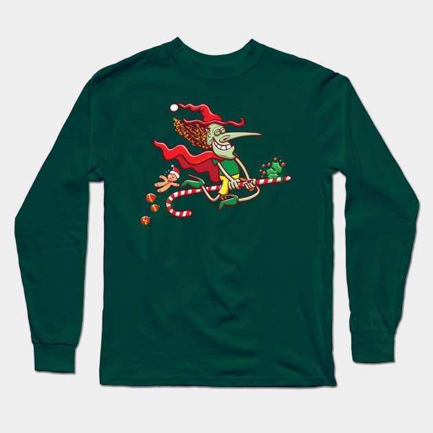 Halloween witch riding a Christmas candy cane Long Sleeve T-Shirt by zooco